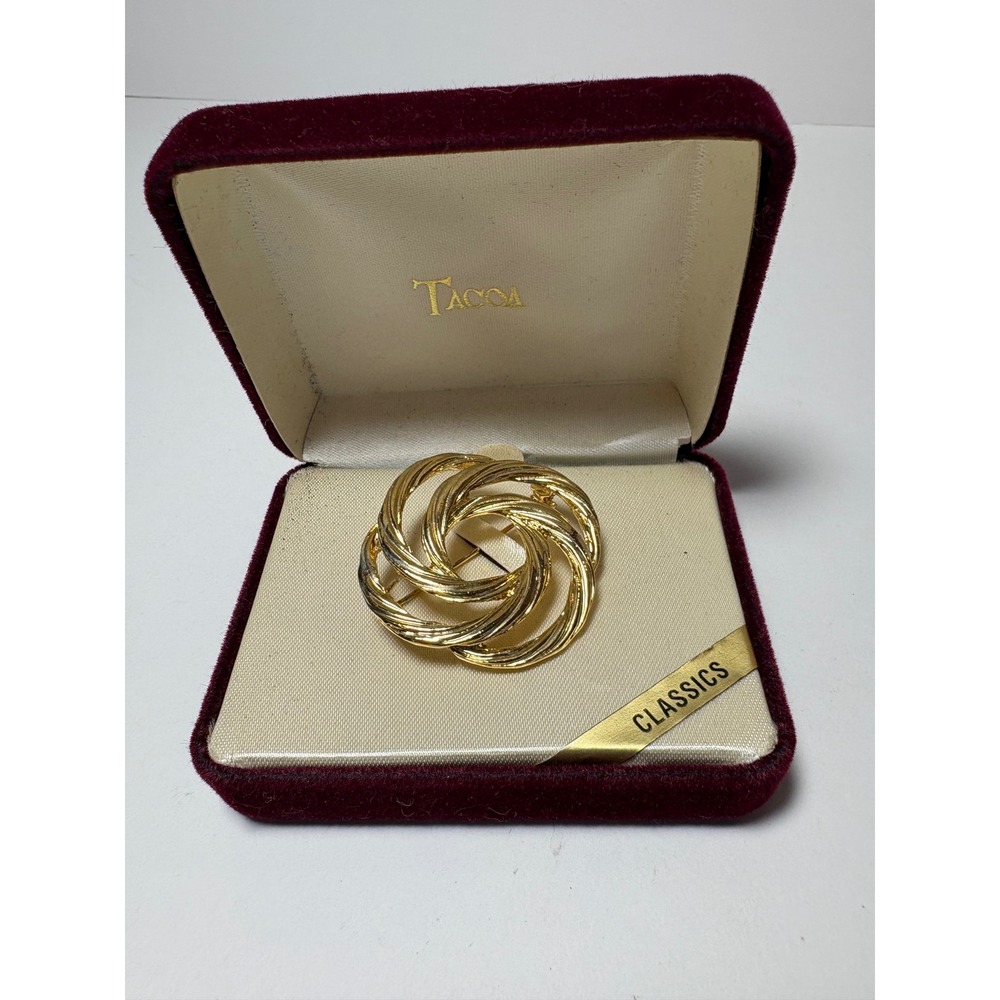 Tacoa Classics Vintage Gold Tone Interlocking Triple Hoop Ribbed Brooch Pin Box